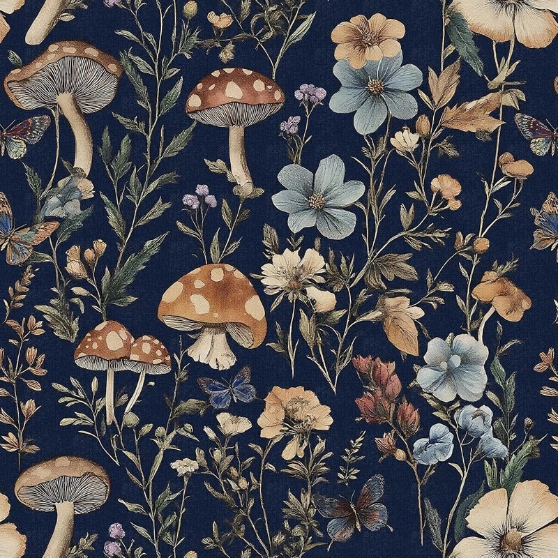 Froluya Mushroom Wallpaper Peel and Stick Dark Blue Floral Contact Paper 16.9" x 196.8 Navy Peel and Stick Wallpaper for Bathroom Vintage Boho Self Adhesive Removable Wall Paper for Kitchen Cabinets - Image 1